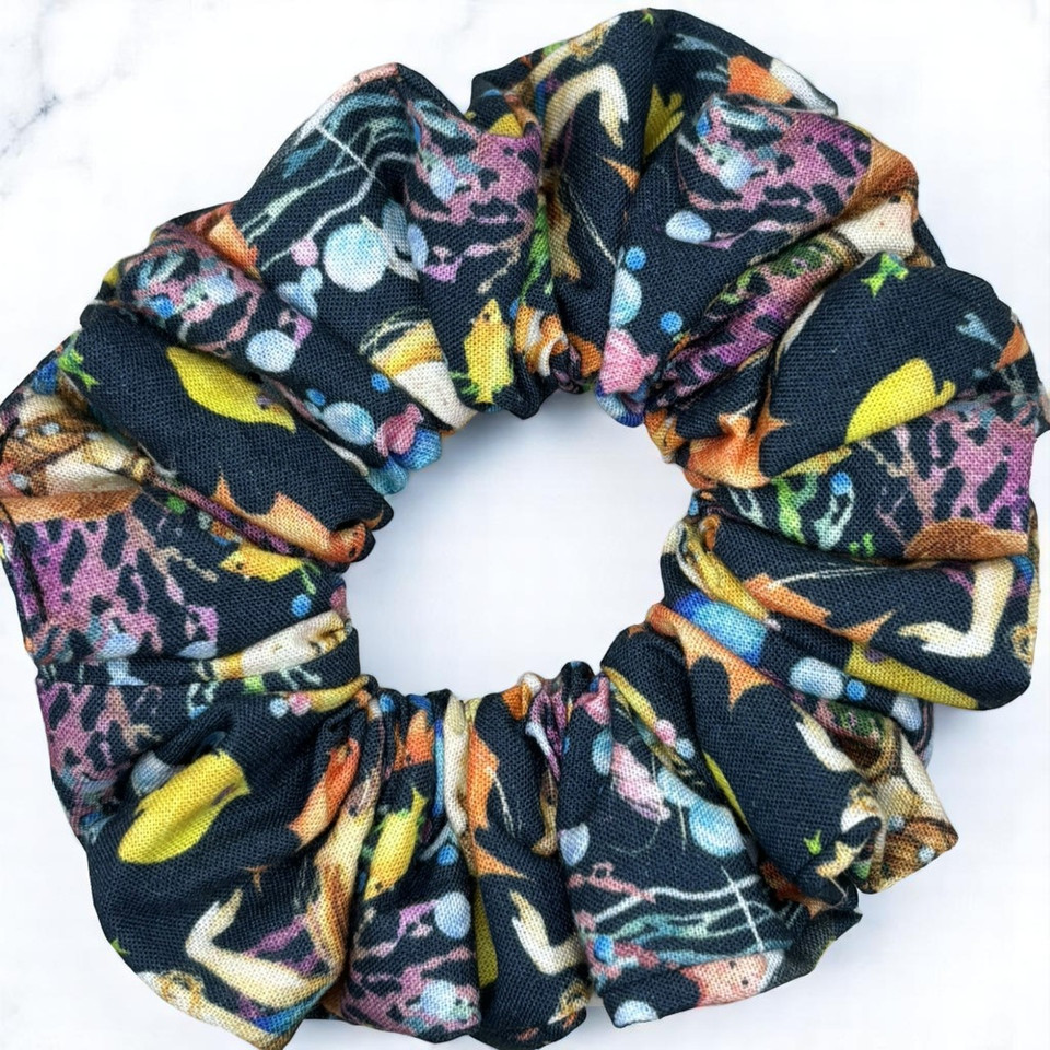 Tuhil Threads Medium Navy Bird & Sea Life Print John Louden Cotton Scrunchie. Shop Tuhil Threads hair accessories.