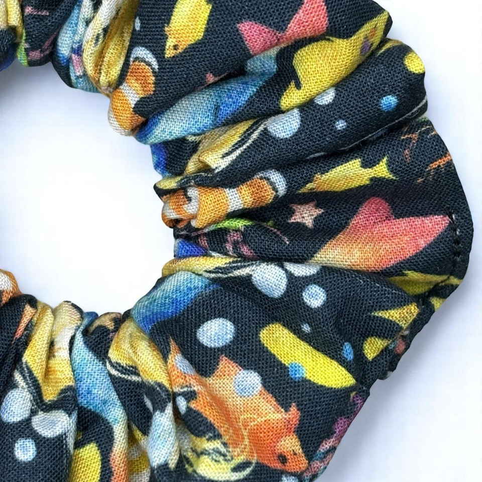 Tuhil Threads Medium Navy Bird & Sea Life Print John Louden Cotton Scrunchie. Shop Tuhil Threads hair accessories.
