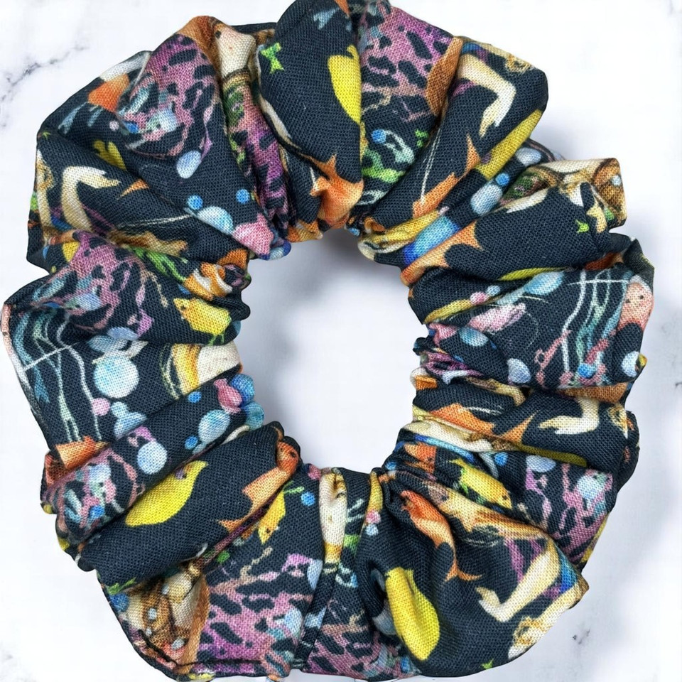 Tuhil Threads Medium Navy Bird & Sea Life Print John Louden Cotton Scrunchie. Shop Tuhil Threads hair accessories.