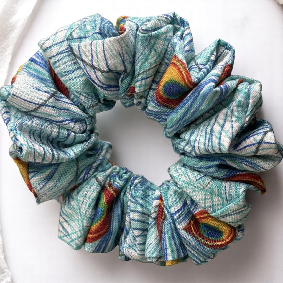 Tuhil Threads Medium Teal & Blue Peacock Feather Print John Louden Cotton Scrunchie. Shop Tuhil Threads hair accessories.