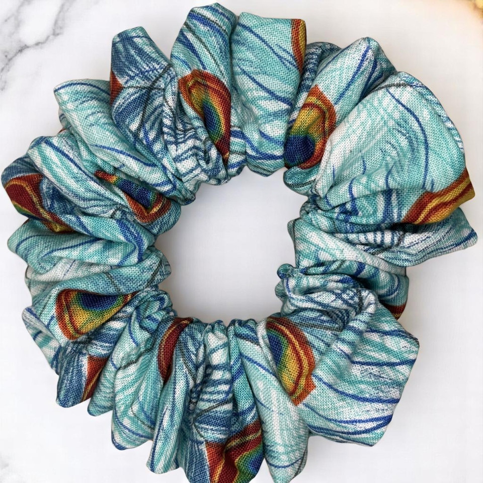 Tuhil Threads Medium Teal & Blue Peacock Feather Print John Louden Cotton Scrunchie. Shop Tuhil Threads hair accessories.