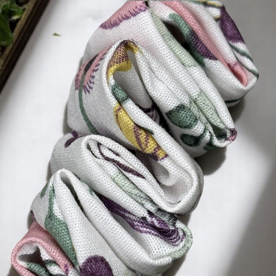 Tuhil Threads Medium White Whimsical Celebration Print John Louden Cotton Scrunchie. Shop Tuhil Threads hair accessories.