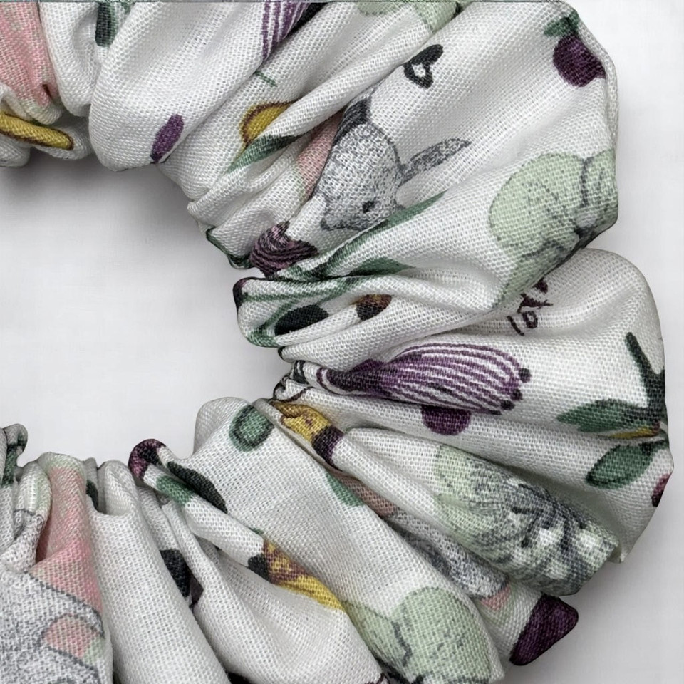 Tuhil Threads Medium White Whimsical Celebration Print John Louden Cotton Scrunchie. Shop Tuhil Threads hair accessories.