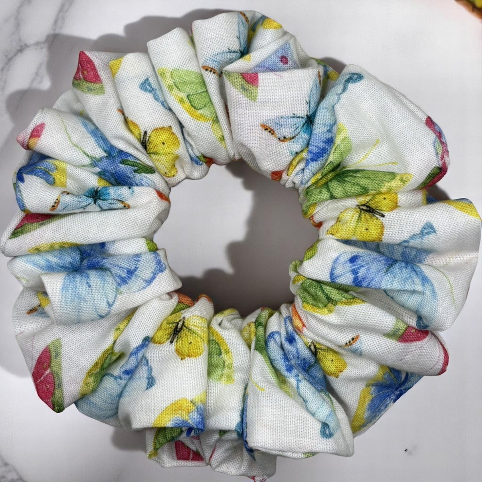 Tuhil Threads Medium White Multicolour Butterfly Print John Louden Cotton Scrunchie. Shop Tuhil Threads hair accessories.