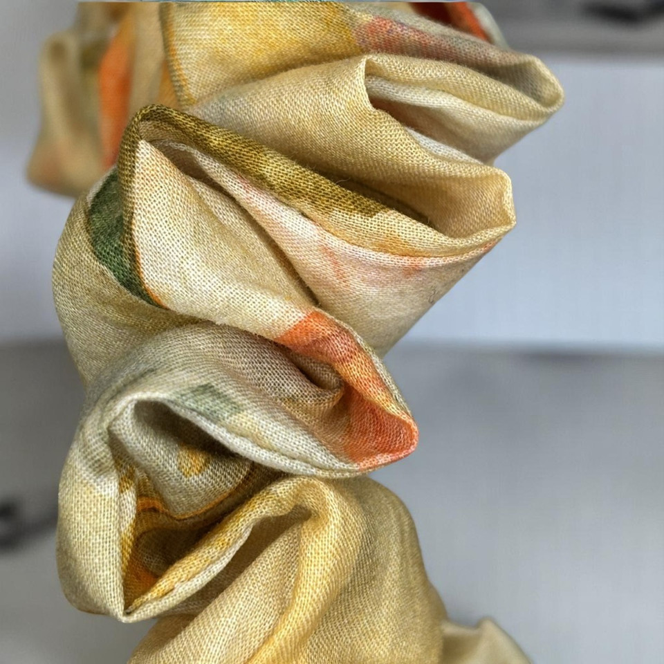 Tuhil Threads Medium Beige & Orange Artistic Floral John Louden Cotton Lawn Scrunchie. Shop Tuhil Threads hair accessories.