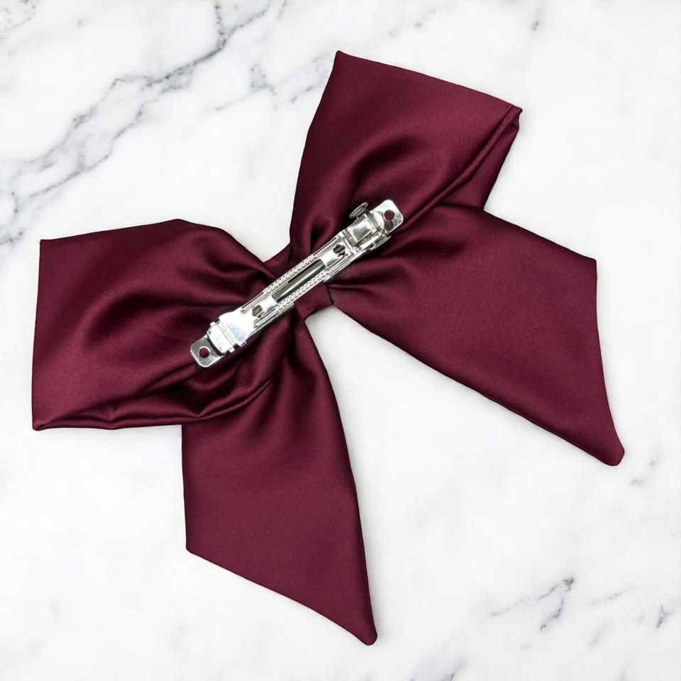 Tuhil Threads Burgundy Double Layer Royal Micro Satin Sailor Bow. Luxurious satin hair bow for an elegant, sophisticated accent. Shop Tuhil Threads hair accessories.