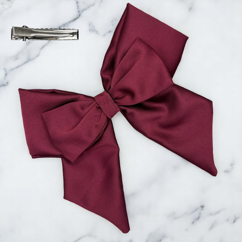 Tuhil Threads Burgundy Double Layer Royal Micro Satin Sailor Bow. Luxurious satin hair bow for an elegant, sophisticated accent. Shop Tuhil Threads hair accessories.