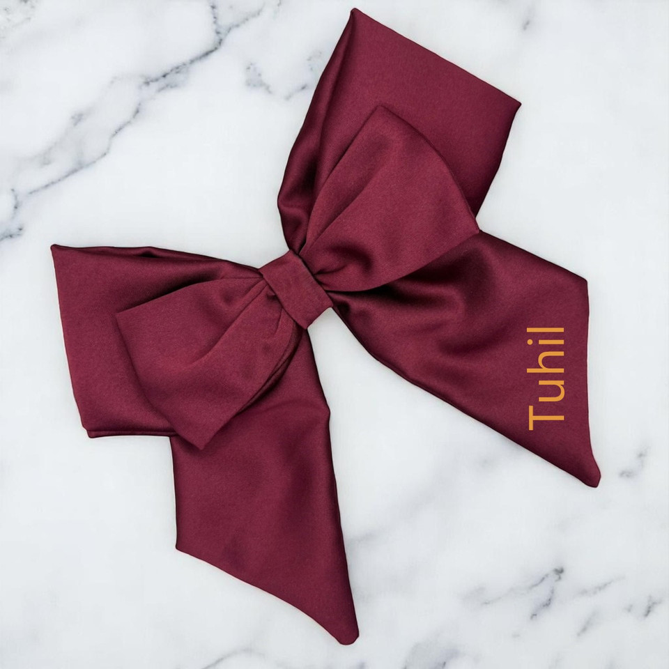 Personalised Burgundy Double Layer Royal Micro Satin Sailor Bow. Shop at Tuhil Threads.