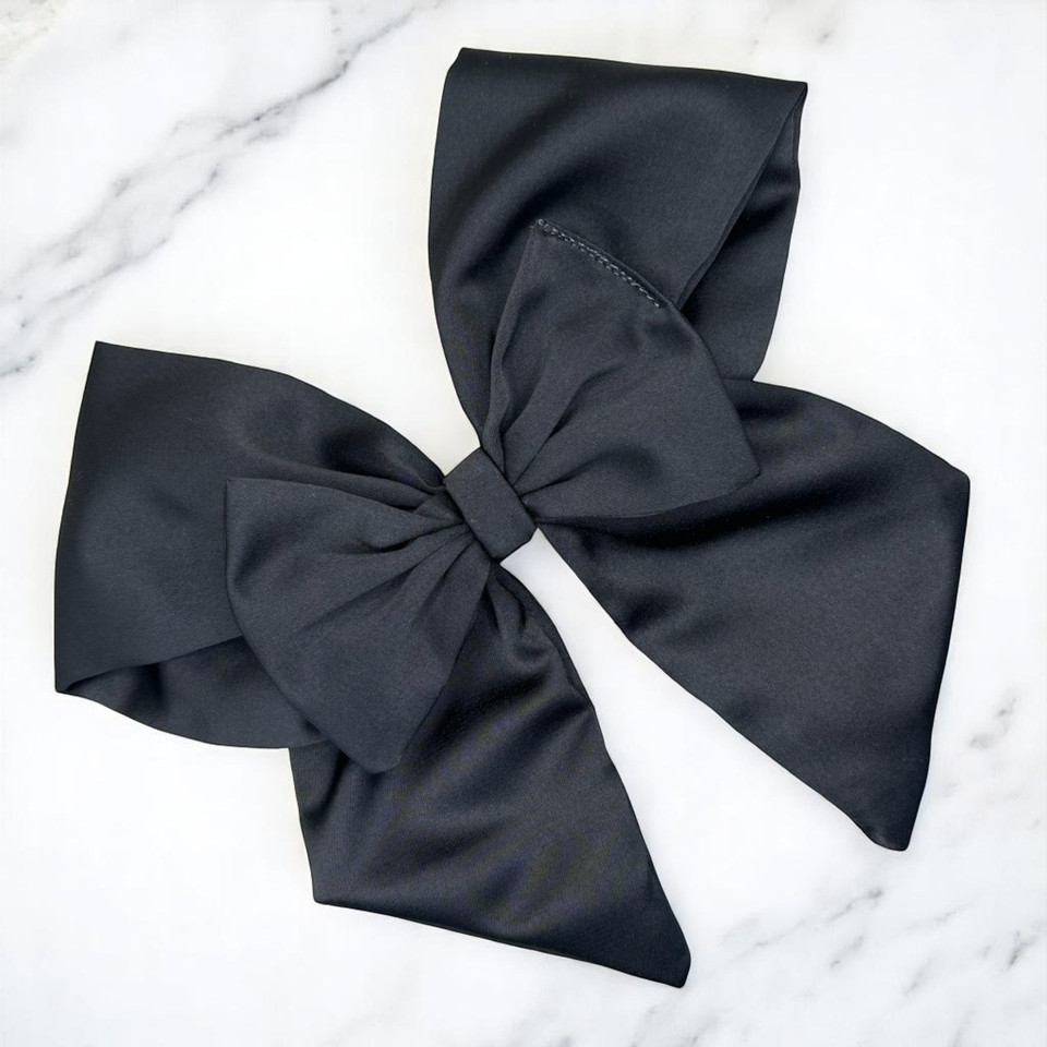 Tuhil Threads Black Double Layer Royal Micro Satin Sailor Bow. Luxurious satin hair bow for an elegant, sophisticated accent. Shop Tuhil Threads hair accessories.