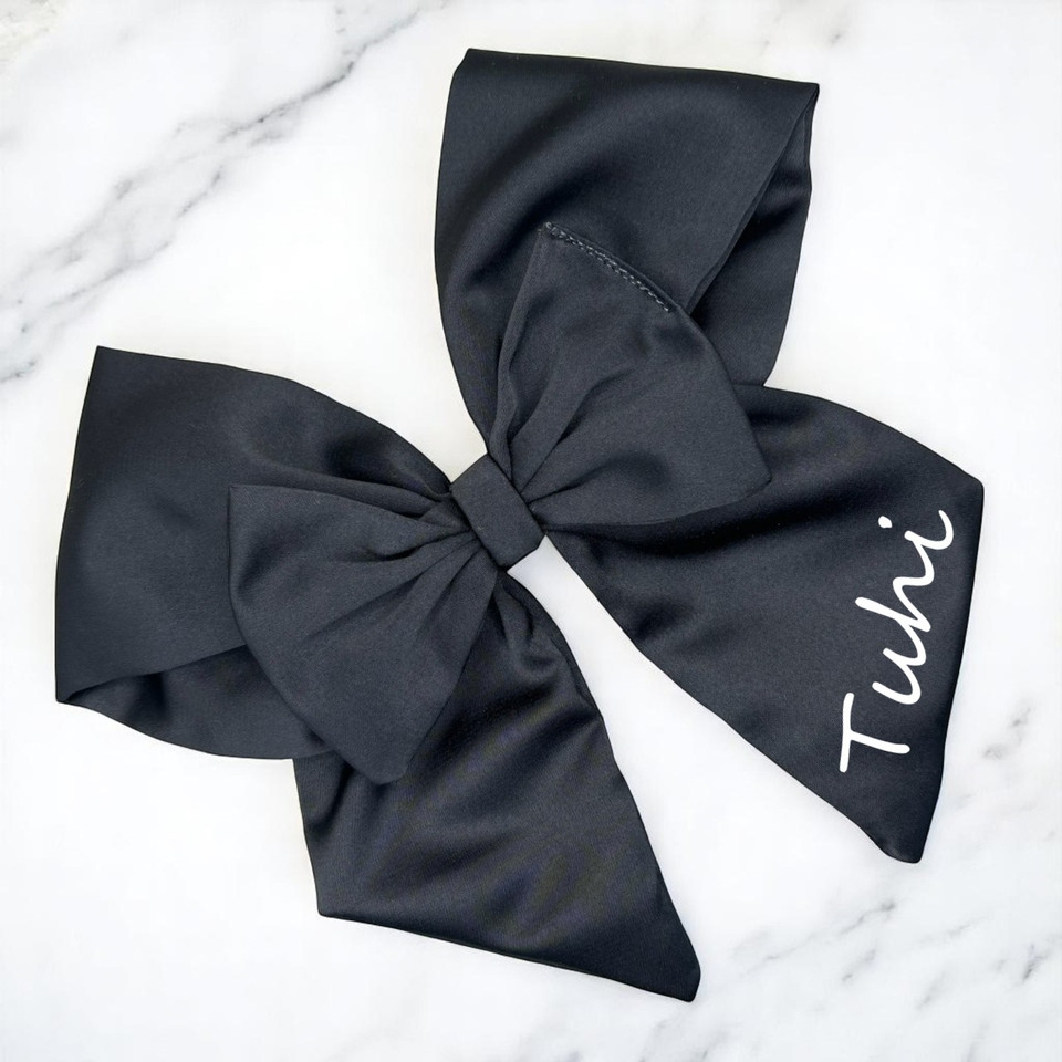 Personalised Black Double Layer Royal Micro Satin Sailor Bow. Shop at Tuhil Threads.
