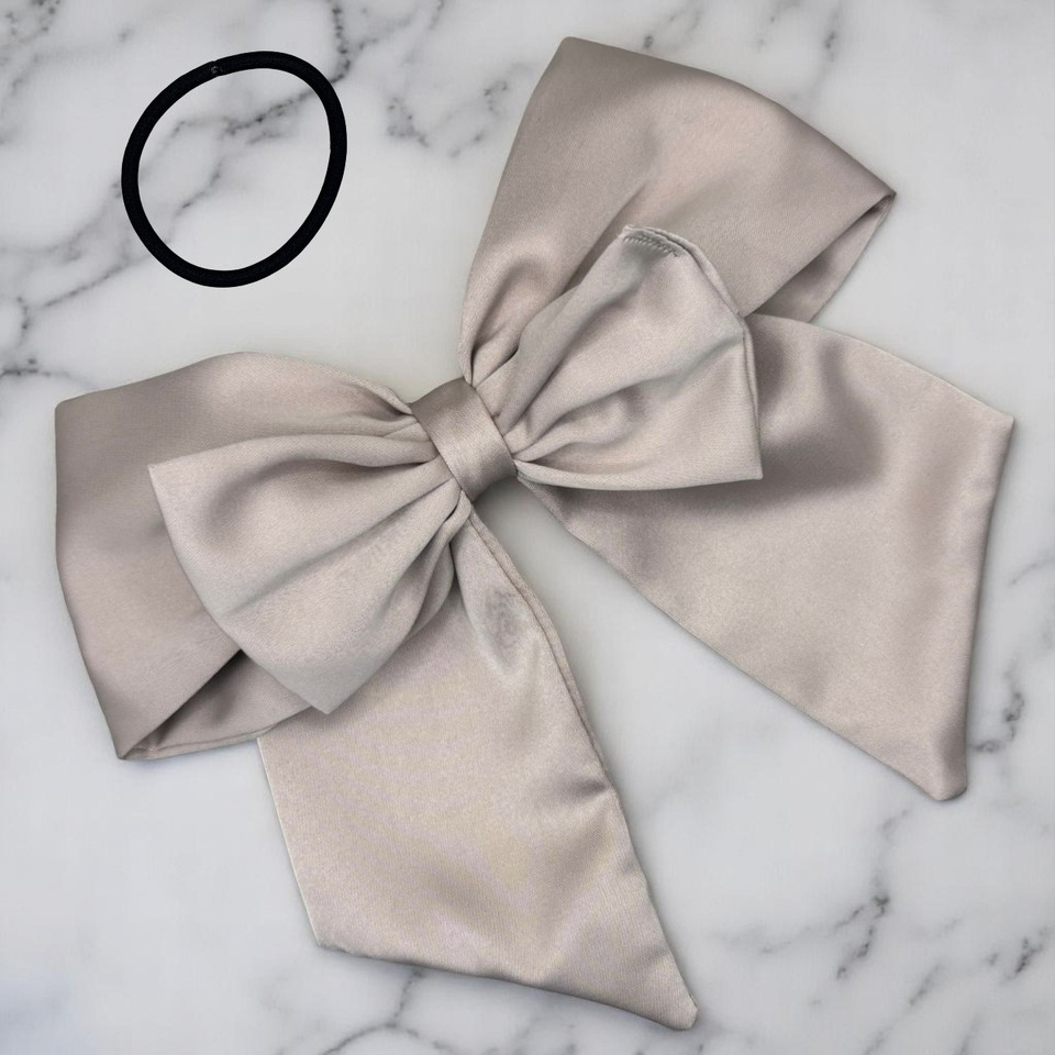 Tuhil Threads Mink Double Layer Royal Micro Satin Sailor Bow (or bow clip/bow hair tie, depending on focus). Luxurious satin hair bow for an elegant, sophisticated accent. Shop Tuhil Threads hair accessories.