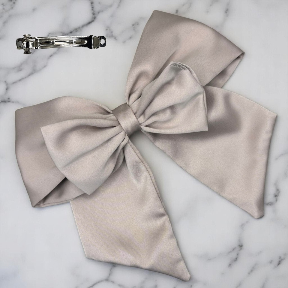 Tuhil Threads Mink Double Layer Royal Micro Satin Sailor Bow (or bow clip/bow hair tie, depending on focus). Luxurious satin hair bow for an elegant, sophisticated accent. Shop Tuhil Threads hair accessories.