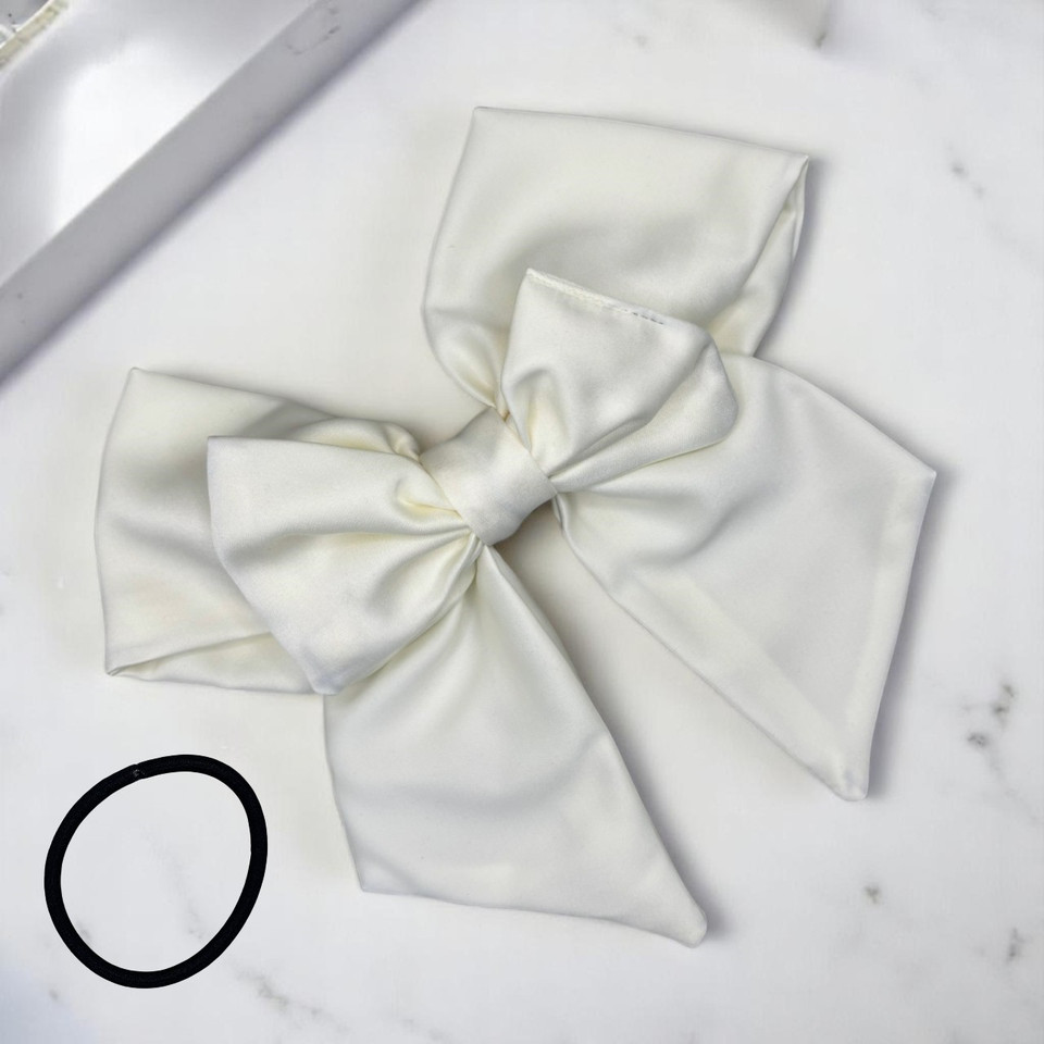 Tuhil Threads Cream Double Layer Royal Micro Satin Sailor Bow (or bow clip/bow hair tie, depending on focus). Luxurious satin hair bow for an elegant, sophisticated accent. Shop Tuhil Threads hair accessories.