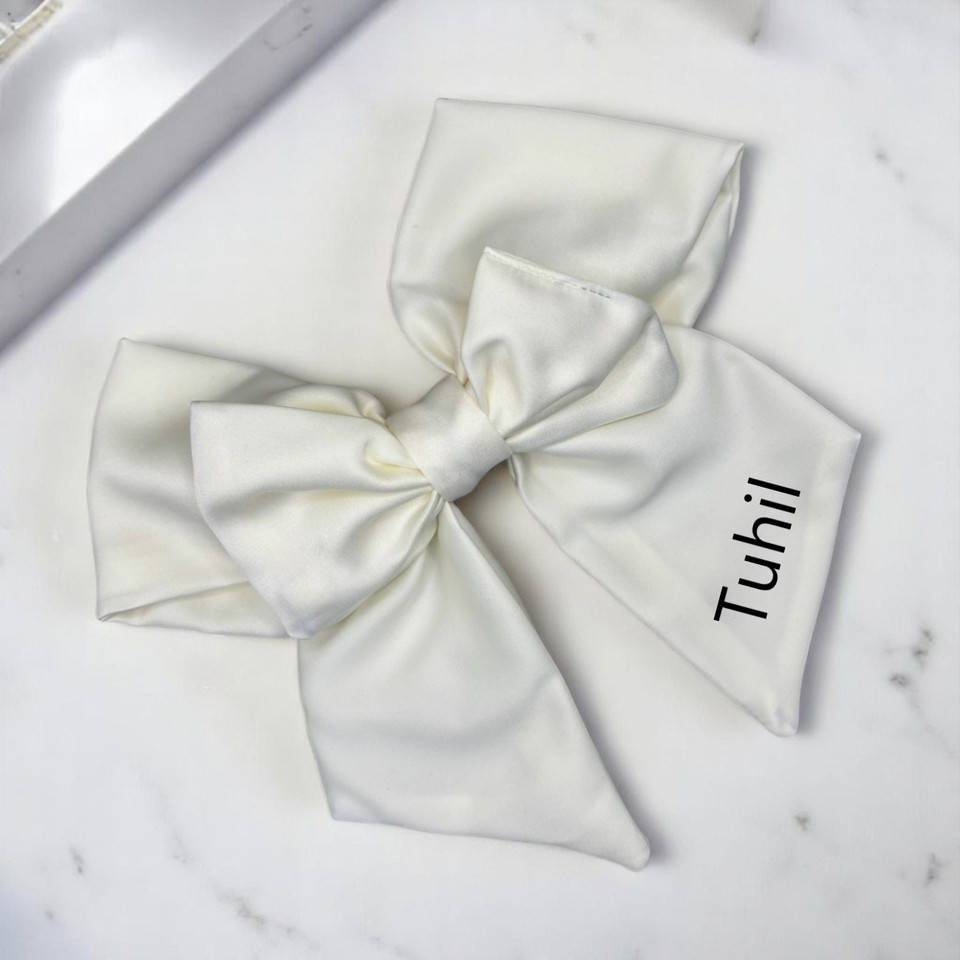 Personalised Cream Double Layer Royal Micro Satin Sailor Bow. Shop at Tuhil Threads.