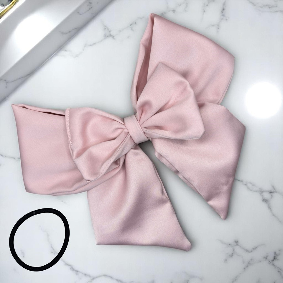 Tuhil Threads Soft Pink Double Layer Royal Micro Satin Sailor Bow (or bow clip/bow hair tie, depending on focus). Luxurious satin hair bow for an elegant, sophisticated accent. Shop Tuhil Threads hair accessories.
