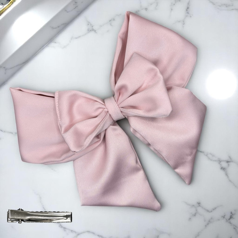 Tuhil Threads Soft Pink Double Layer Royal Micro Satin Sailor Bow (or bow clip/bow hair tie, depending on focus). Luxurious satin hair bow for an elegant, sophisticated accent. Shop Tuhil Threads hair accessories.