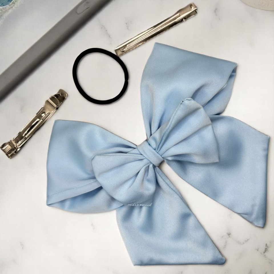 Tuhil Threads Sky Blue Double Layer Royal Micro Satin Sailor Bow (or bow clip/bow hair tie, depending on focus). Luxurious satin hair bow for an elegant, sophisticated accent. Shop Tuhil Threads hair accessories.