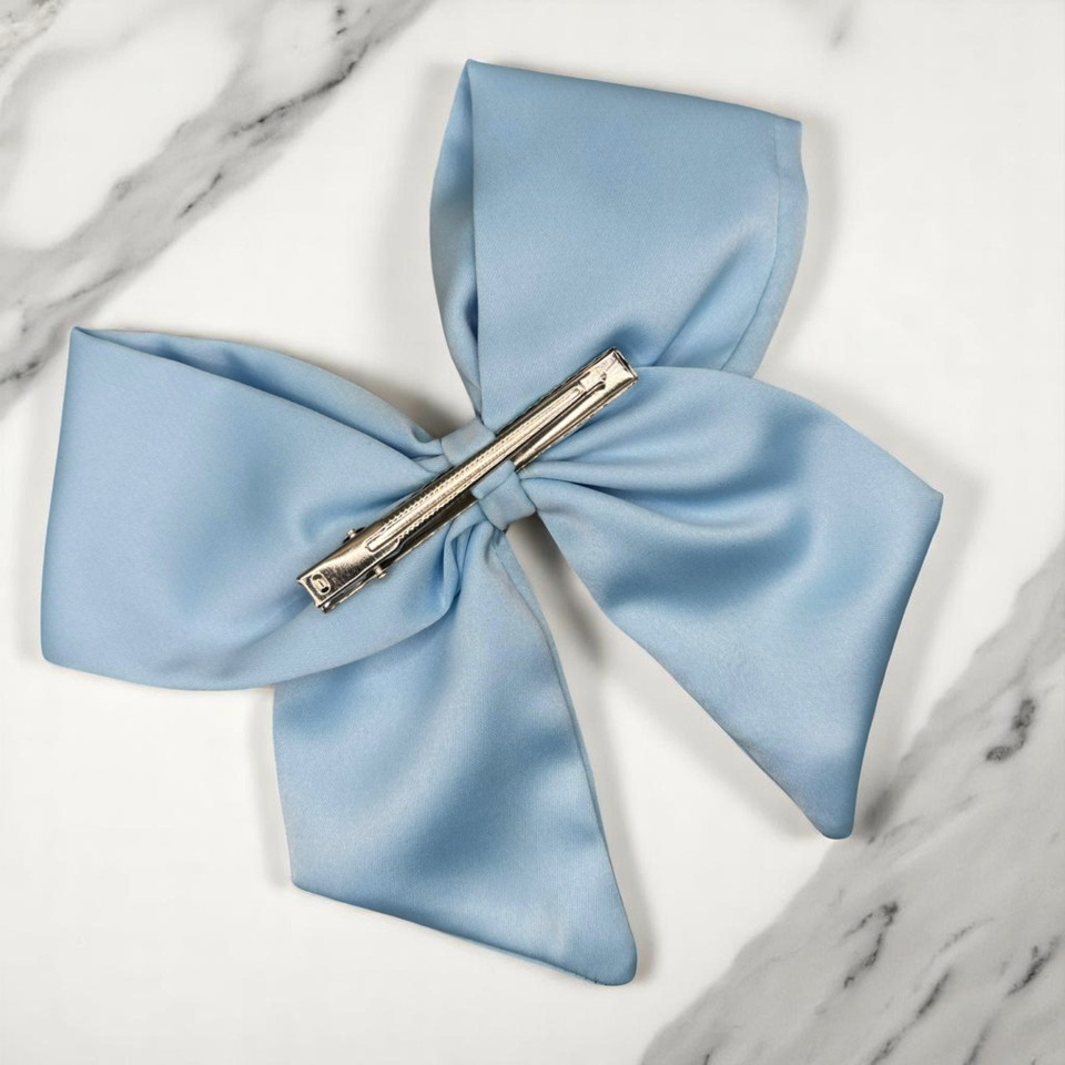 Tuhil Threads Sky Blue Double Layer Royal Micro Satin Sailor Bow (or bow clip/bow hair tie, depending on focus). Luxurious satin hair bow for an elegant, sophisticated accent. Shop Tuhil Threads hair accessories.