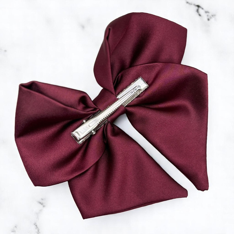 Tuhil Threads Burgundy Single Layer Royal Micro Satin Sailor Bow (or bow clip/bow hair tie, depending on focus). Luxurious satin hair bow for an elegant, sophisticated accent. Shop Tuhil Threads hair accessories.