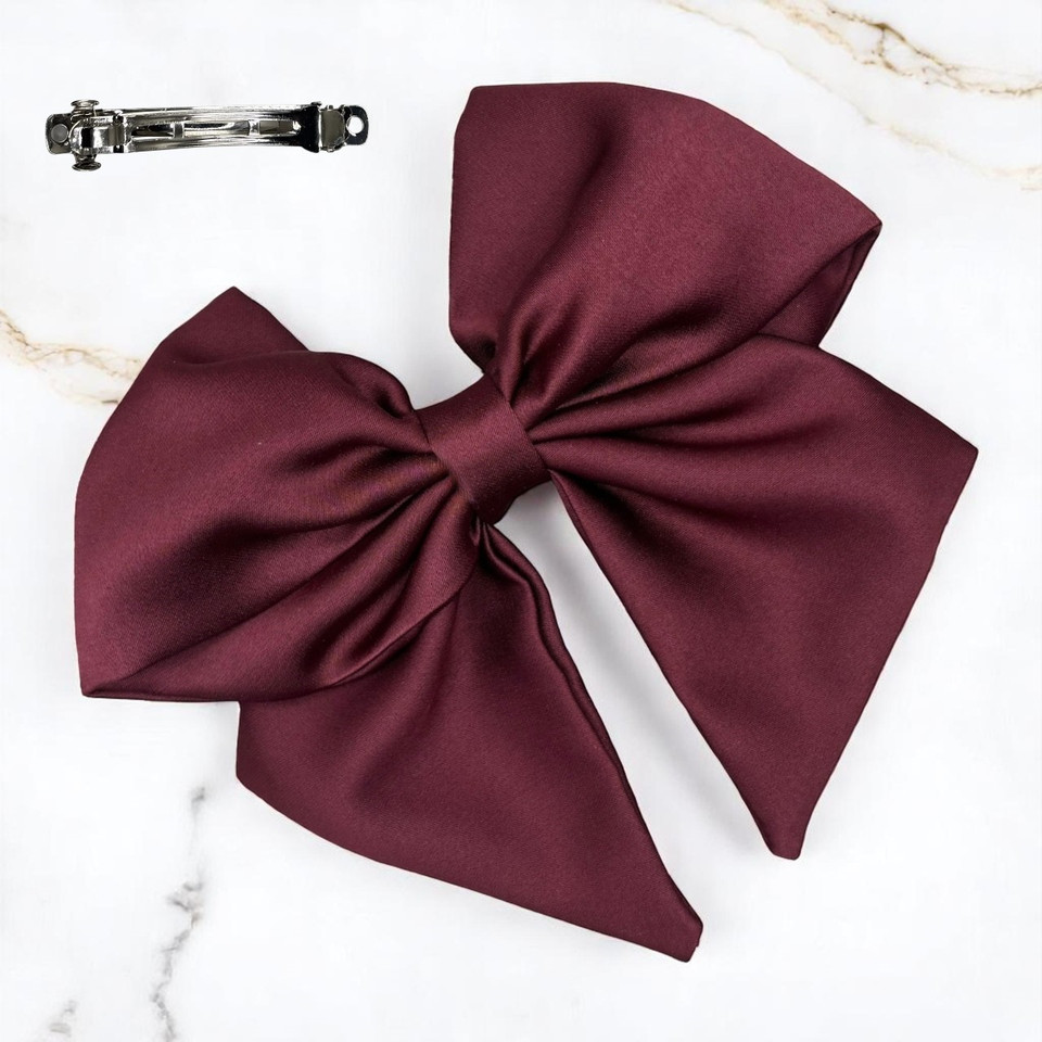 Tuhil Threads Burgundy Single Layer Royal Micro Satin Sailor Bow (or bow clip/bow hair tie, depending on focus). Luxurious satin hair bow for an elegant, sophisticated accent. Shop Tuhil Threads hair accessories.