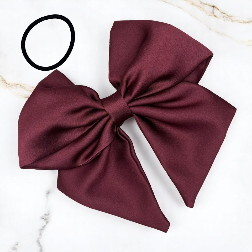 Tuhil Threads Burgundy Single Layer Royal Micro Satin Sailor Bow (or bow clip/bow hair tie, depending on focus). Luxurious satin hair bow for an elegant, sophisticated accent. Shop Tuhil Threads hair accessories.