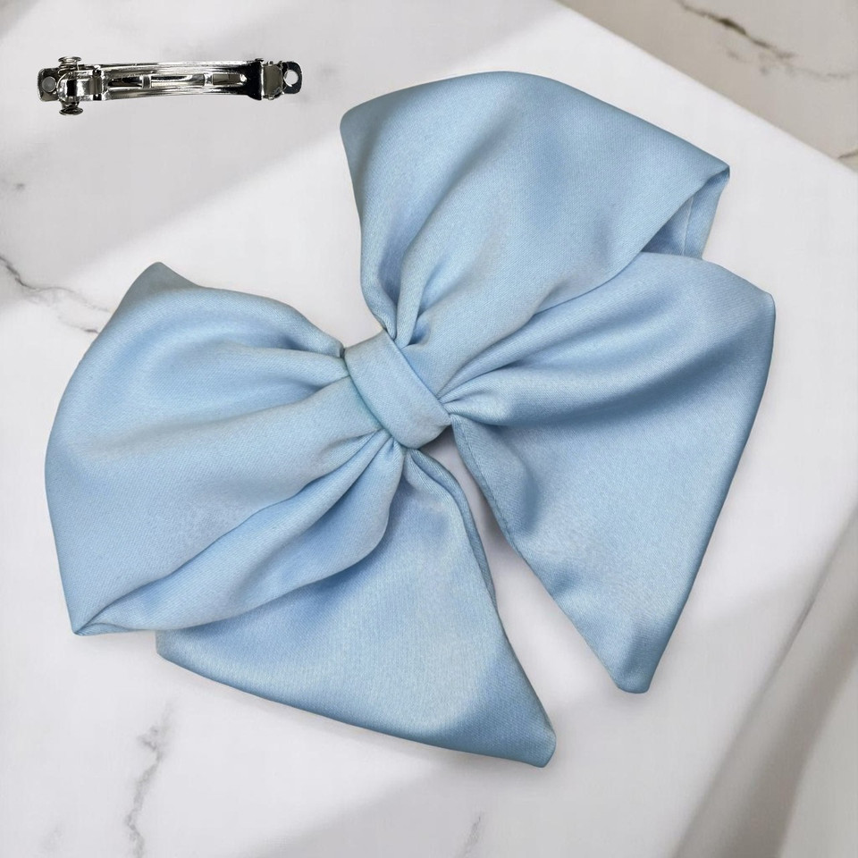 Tuhil Threads Sky Blue Single Layer Royal Micro Satin Sailor Bow (or bow clip/bow hair tie, depending on focus). Luxurious satin hair bow for an elegant, sophisticated accent. Shop Tuhil Threads hair accessories.