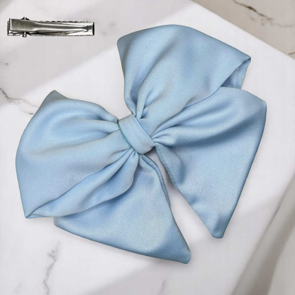 Tuhil Threads Sky Blue Single Layer Royal Micro Satin Sailor Bow (or bow clip/bow hair tie, depending on focus). Luxurious satin hair bow for an elegant, sophisticated accent. Shop Tuhil Threads hair accessories.