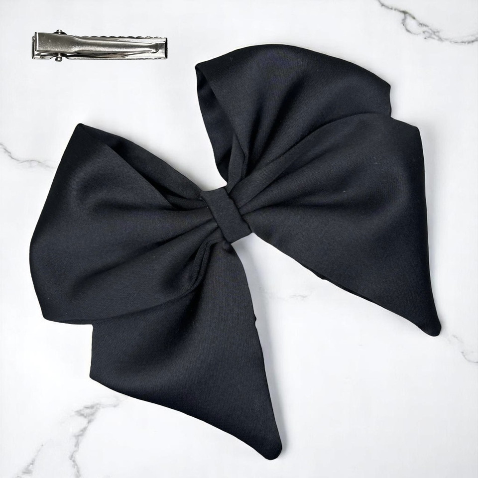 Tuhil Threads Black Single Layer Royal Micro Satin Sailor Bow (or bow clip/bow hair tie, depending on focus). Luxurious satin hair bow for an elegant, sophisticated accent. Shop Tuhil Threads hair accessories.