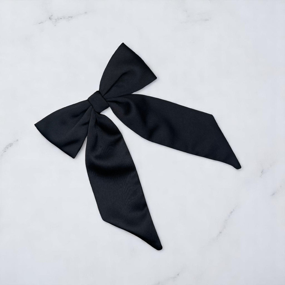 Tuhil Threads Black Royal Micro Satin Long Tail Bow. Luxurious satin hair bow for an elegant, chic accent. Shop Tuhil Threads hair accessories.