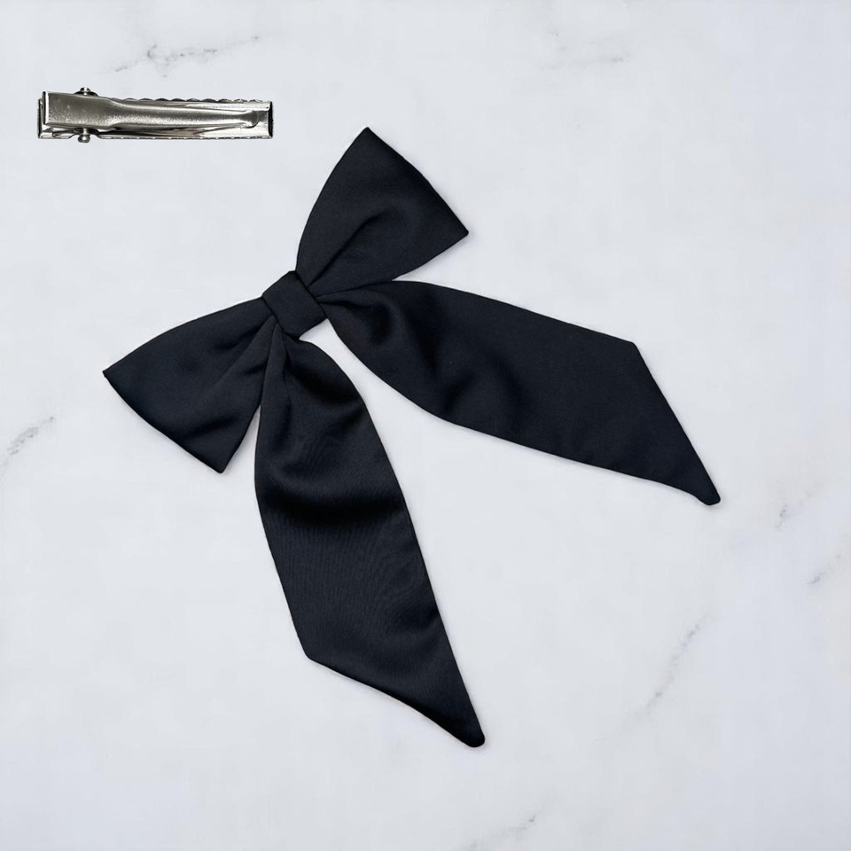 Tuhil Threads Black Royal Micro Satin Long Tail Bow. Luxurious satin hair bow for an elegant, chic accent. Shop Tuhil Threads hair accessories.