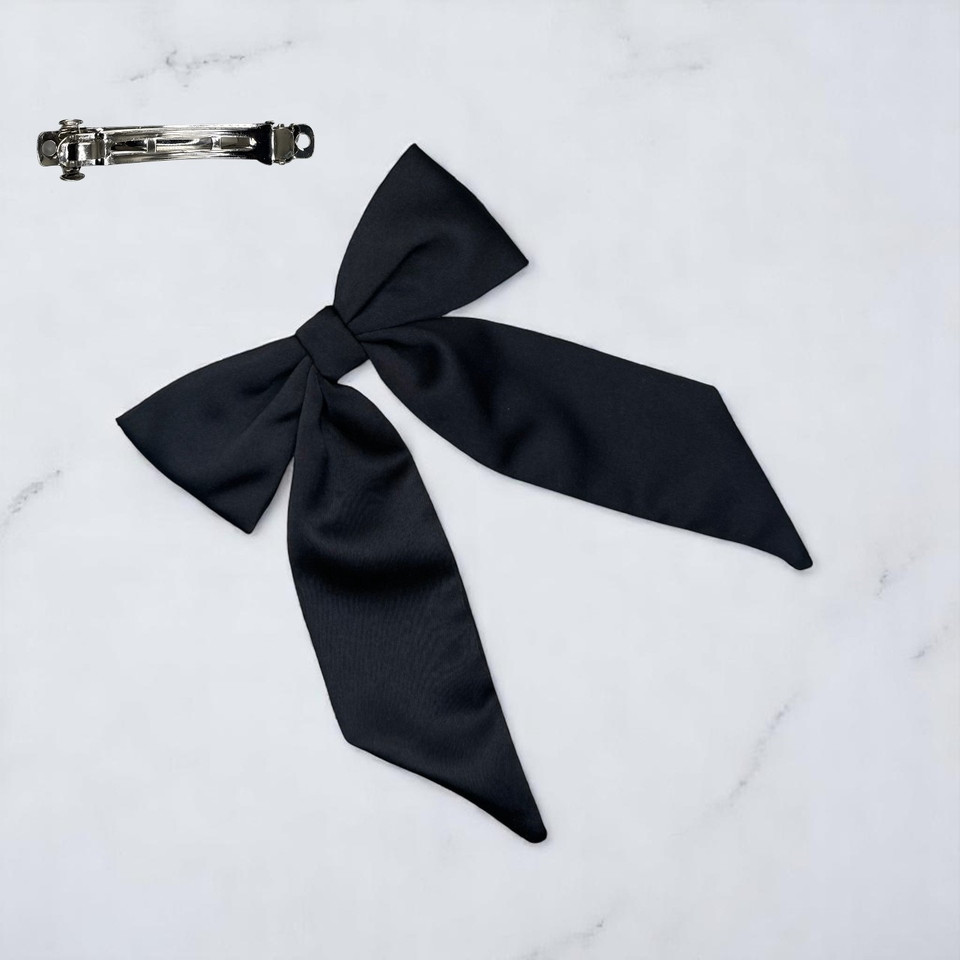 Tuhil Threads Black Royal Micro Satin Long Tail Bow. Luxurious satin hair bow for an elegant, chic accent. Shop Tuhil Threads hair accessories.