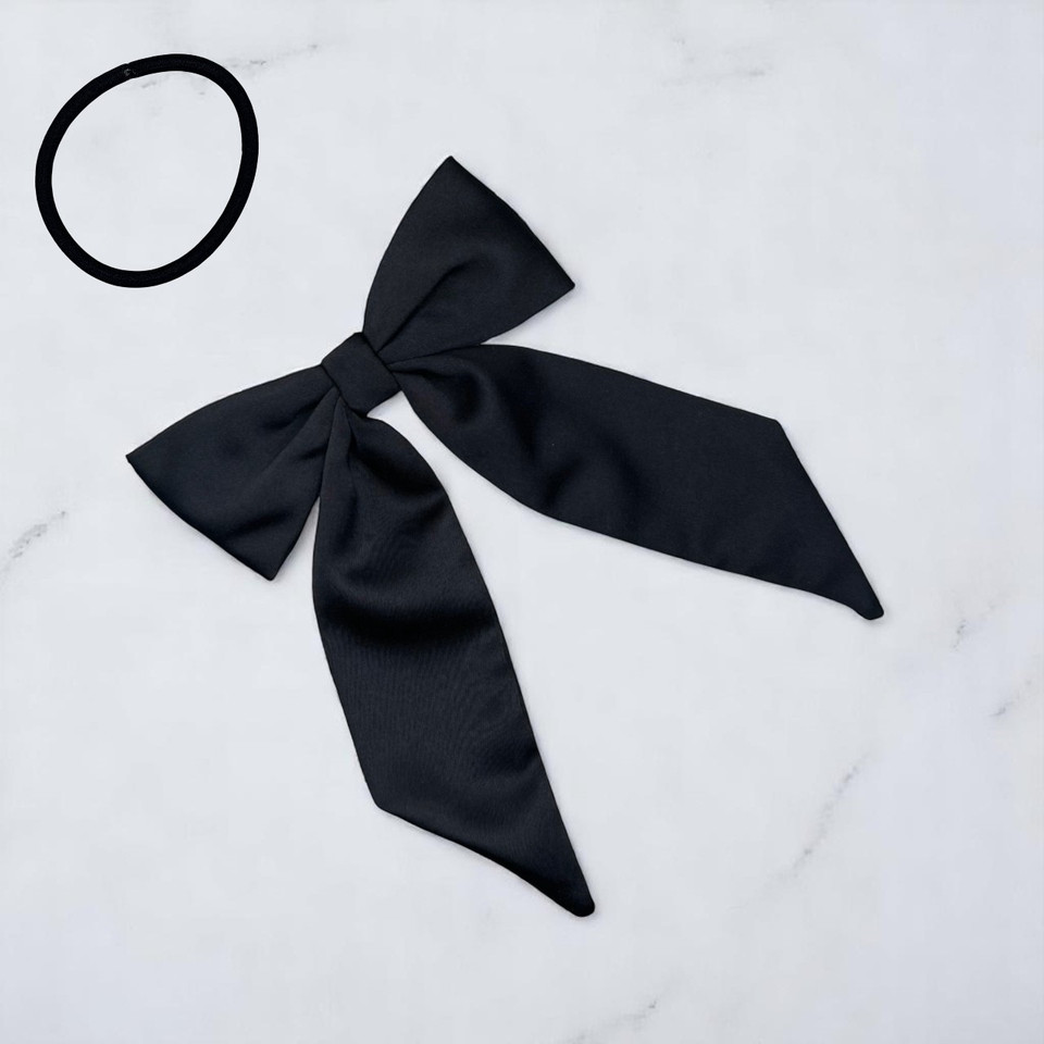 Tuhil Threads Black Royal Micro Satin Long Tail Bow. Luxurious satin hair bow for an elegant, chic accent. Shop Tuhil Threads hair accessories.