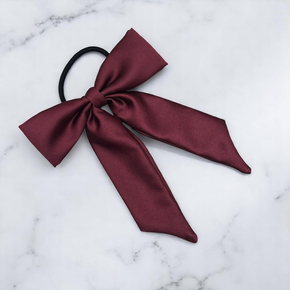 Tuhil Threads Burgundy Royal Micro Satin Long Tail Bow. Luxurious satin hair bow for an elegant, chic accent. Shop Tuhil Threads hair accessories.