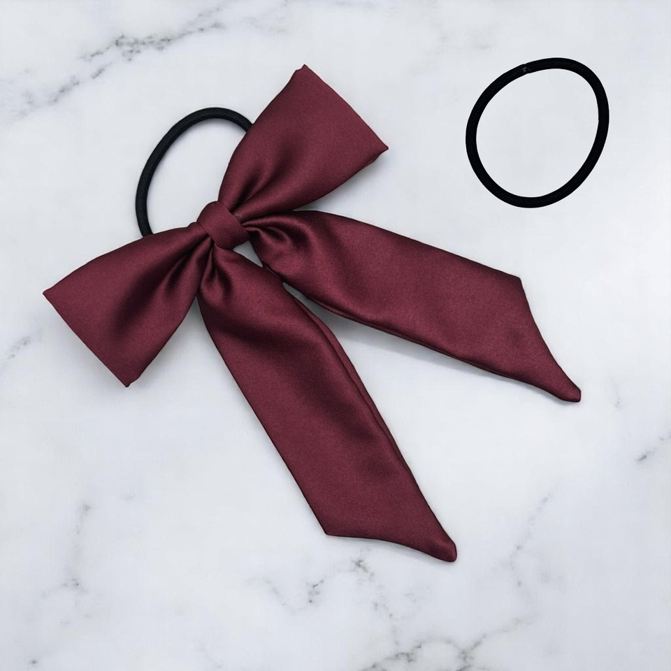 Tuhil Threads Burgundy Royal Micro Satin Long Tail Bow. Luxurious satin hair bow for an elegant, chic accent. Shop Tuhil Threads hair accessories.
