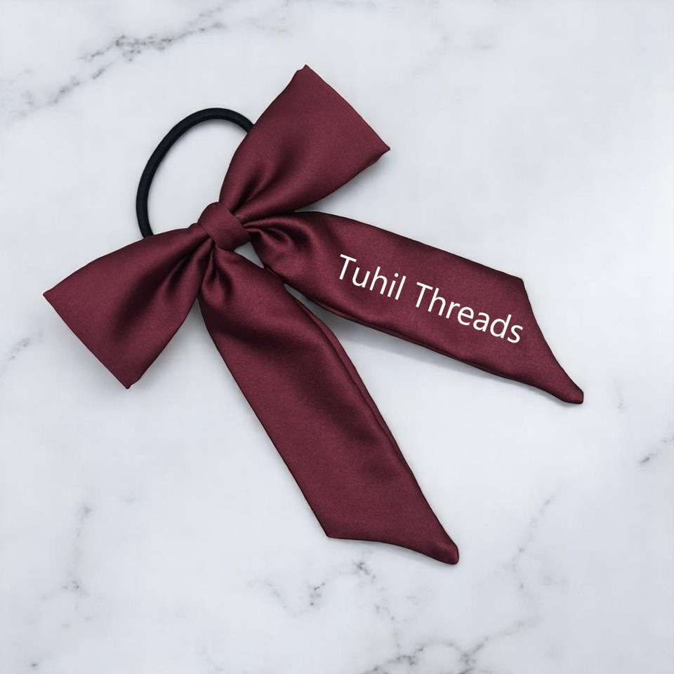 Personalised Burgundy Royal Micro Satin Long Tail Bow. Shop at Tuhil Threads
