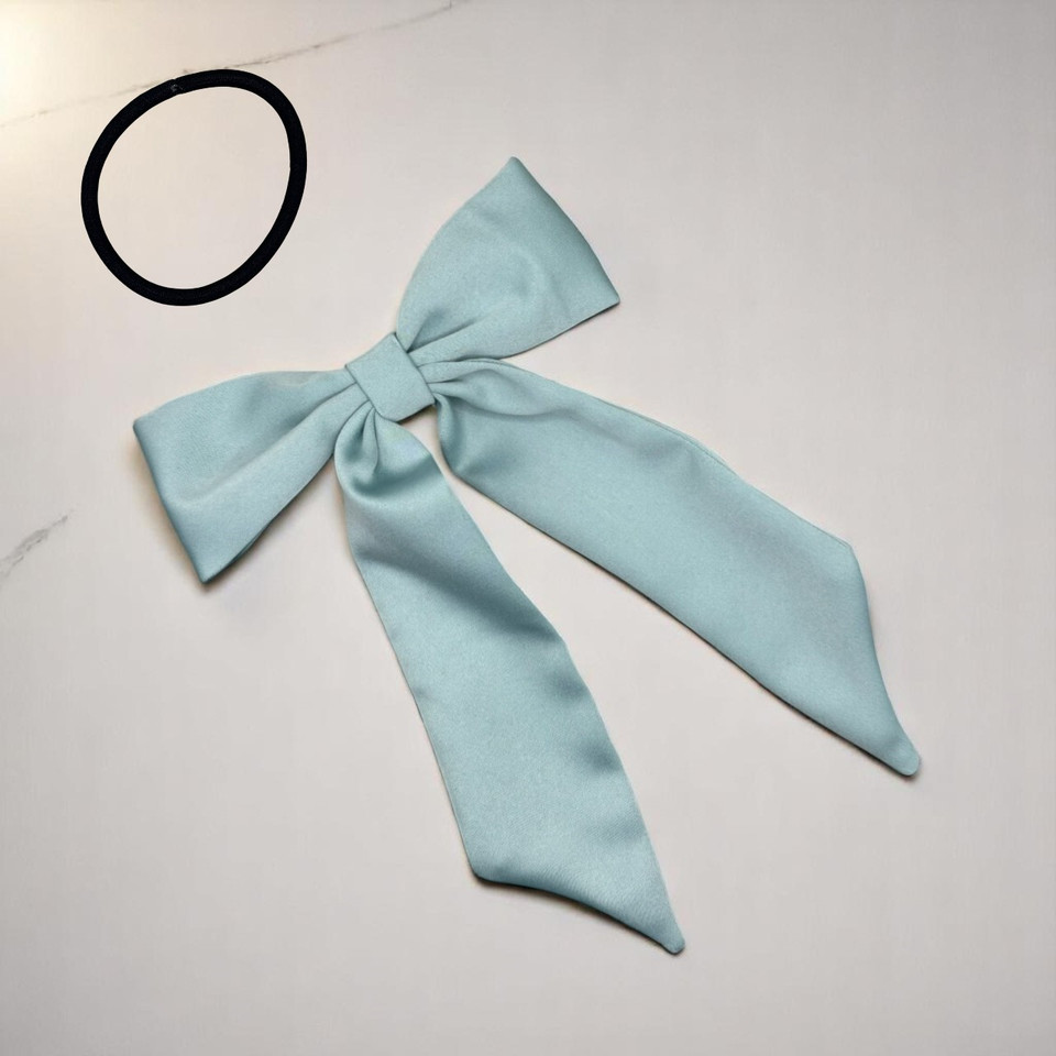 Tuhil Threads Mint Green Royal Micro Satin Long Tail Bow. Luxurious satin hair bow for an elegant, chic accent. Shop Tuhil Threads hair accessories.
