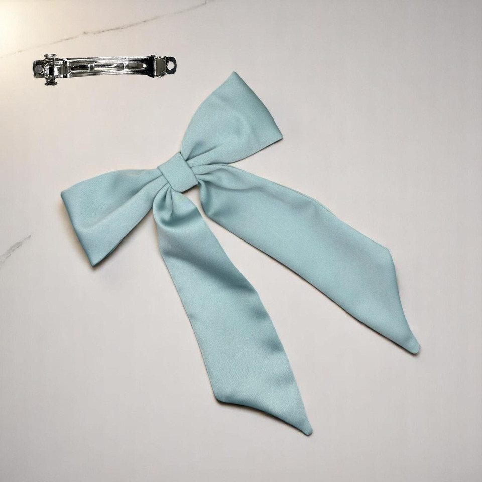 Tuhil Threads Mint Green Royal Micro Satin Long Tail Bow. Luxurious satin hair bow for an elegant, chic accent. Shop Tuhil Threads hair accessories.