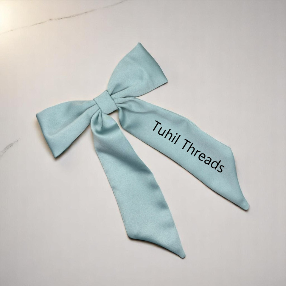 Personalised Mint Green Royal Micro Satin Long Tail Bow. Shop at Tuhil Threads