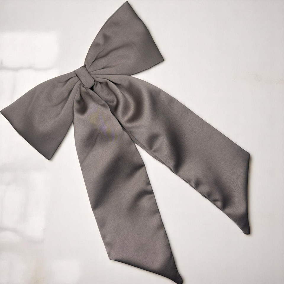 Tuhil Threads Taupe Royal Micro Satin Statement Long Tail Bow. Luxurious satin hair bow for an elegant, stylish accent. Shop Tuhil Threads hair accessories.