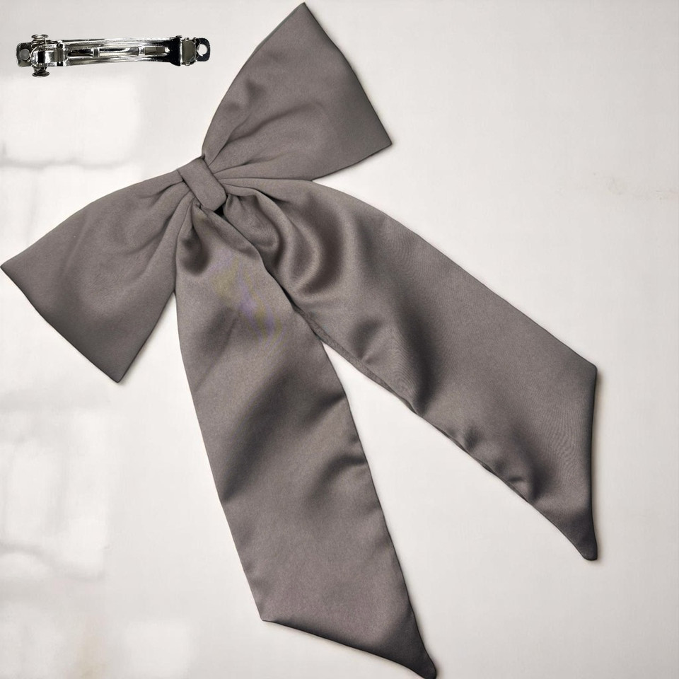 Tuhil Threads Taupe Royal Micro Satin Statement Long Tail Bow. Luxurious satin hair bow for an elegant, stylish accent. Shop Tuhil Threads hair accessories.