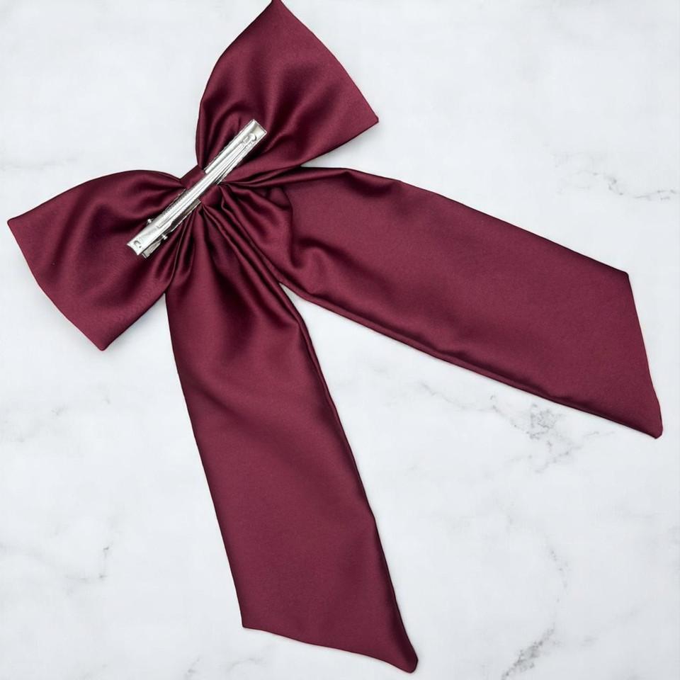 Tuhil Threads Burgundy Royal Micro Satin Statement Long Tail Bow. Luxurious satin hair bow for an elegant, stylish accent. Shop Tuhil Threads hair accessories.