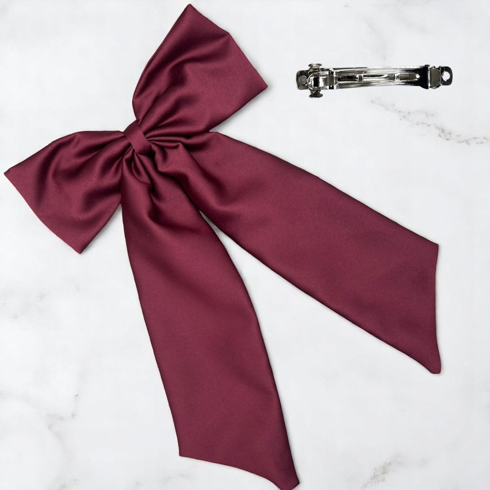 Tuhil Threads Burgundy Royal Micro Satin Statement Long Tail Bow. Luxurious satin hair bow for an elegant, stylish accent. Shop Tuhil Threads hair accessories.