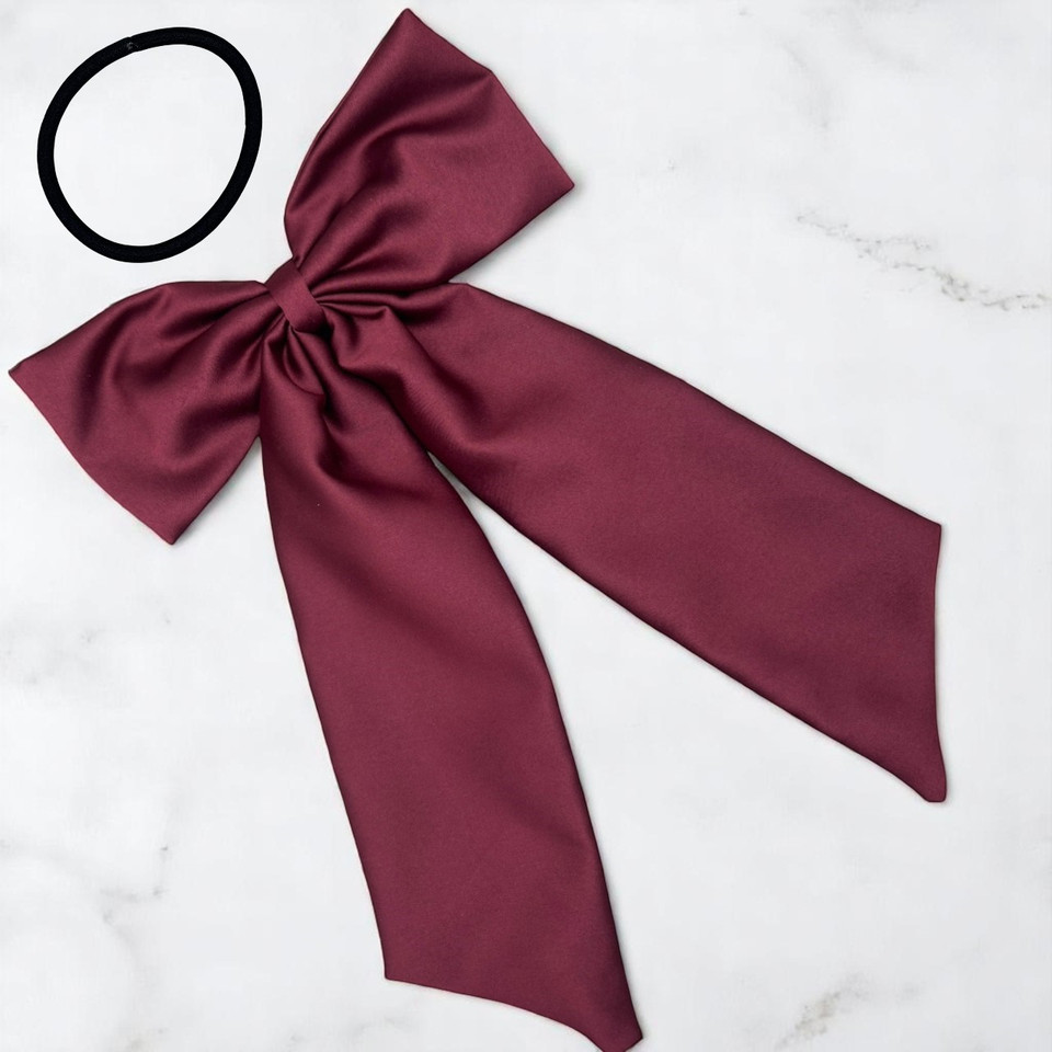 Tuhil Threads Burgundy Royal Micro Satin Statement Long Tail Bow. Luxurious satin hair bow for an elegant, stylish accent. Shop Tuhil Threads hair accessories.