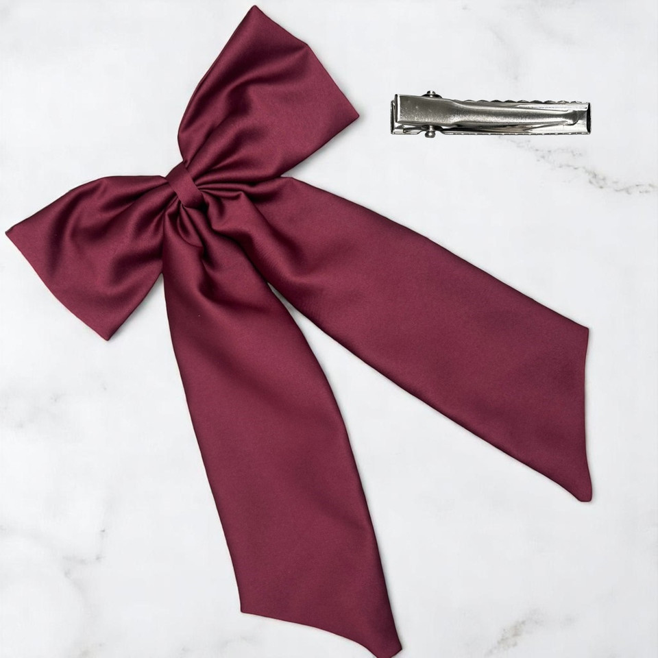Tuhil Threads Burgundy Royal Micro Satin Statement Long Tail Bow. Luxurious satin hair bow for an elegant, stylish accent. Shop Tuhil Threads hair accessories.