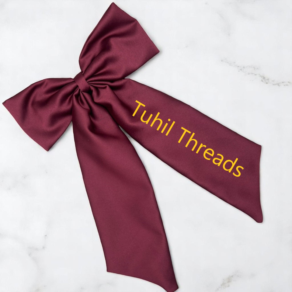 Personalised Burgundy Royal Micro Satin Statement Long Tail Bow. Shop at Tuhil Threads