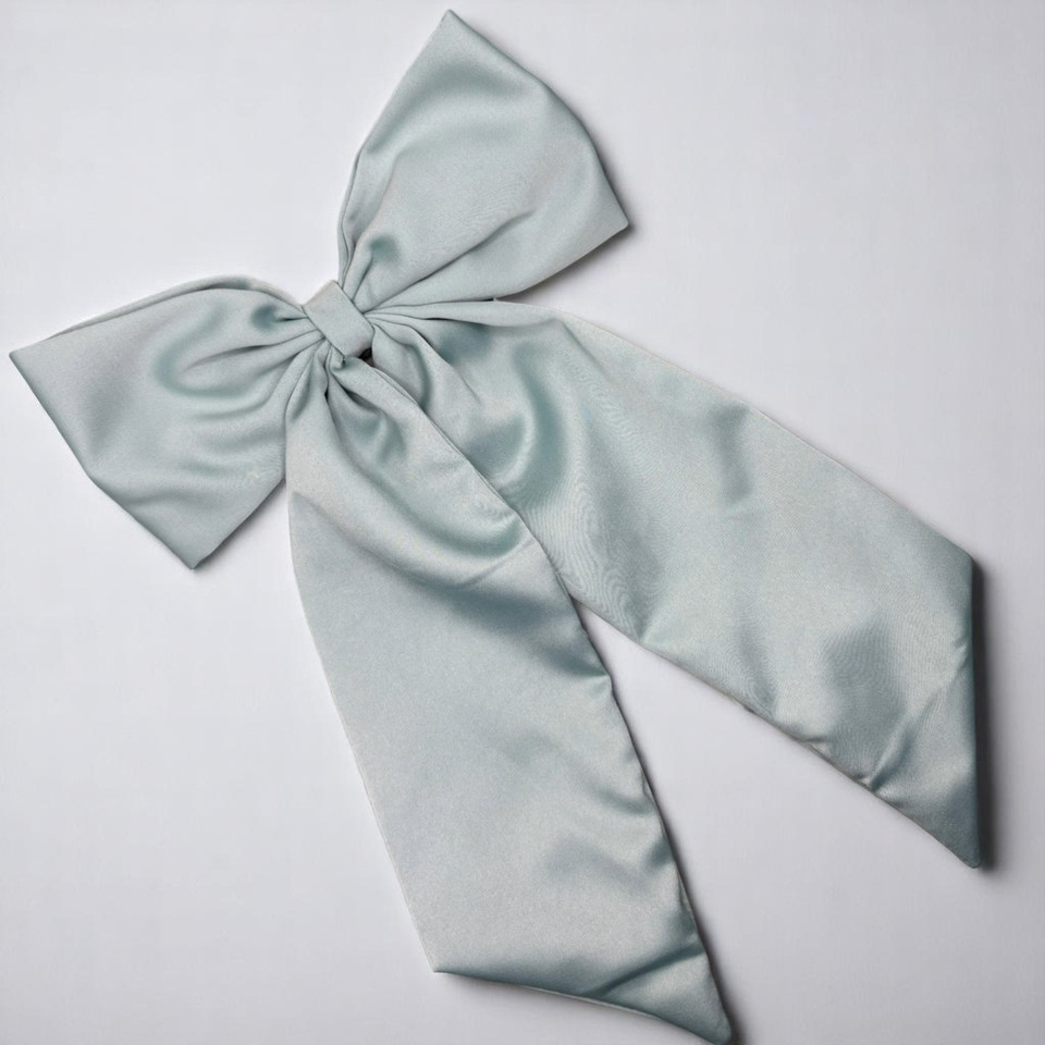 Tuhil Threads Mint Green Royal Micro Satin Statement Long Tail Bow. Luxurious satin hair bow for an elegant, stylish accent. Shop Tuhil Threads hair accessories.