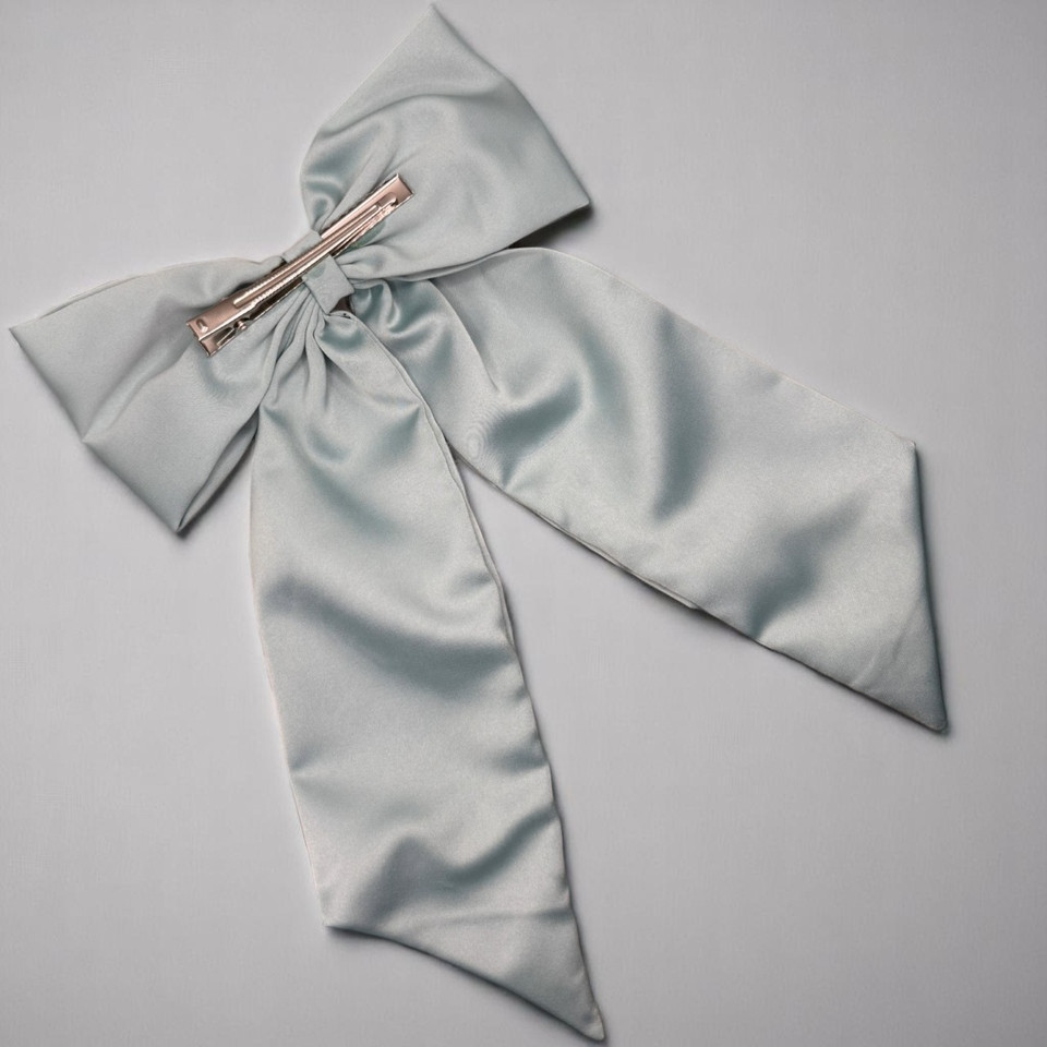Tuhil Threads Mint Green Royal Micro Satin Statement Long Tail Bow. Luxurious satin hair bow for an elegant, stylish accent. Shop Tuhil Threads hair accessories.