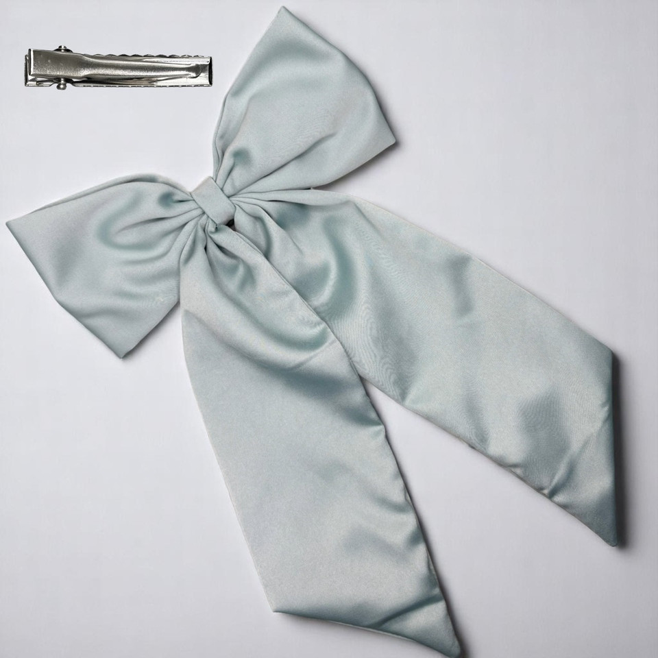 Tuhil Threads Mint Green Royal Micro Satin Statement Long Tail Bow. Luxurious satin hair bow for an elegant, stylish accent. Shop Tuhil Threads hair accessories.