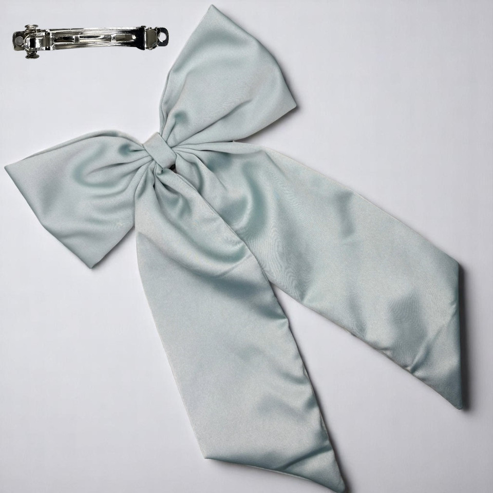 Tuhil Threads Mint Green Royal Micro Satin Statement Long Tail Bow. Luxurious satin hair bow for an elegant, stylish accent. Shop Tuhil Threads hair accessories.