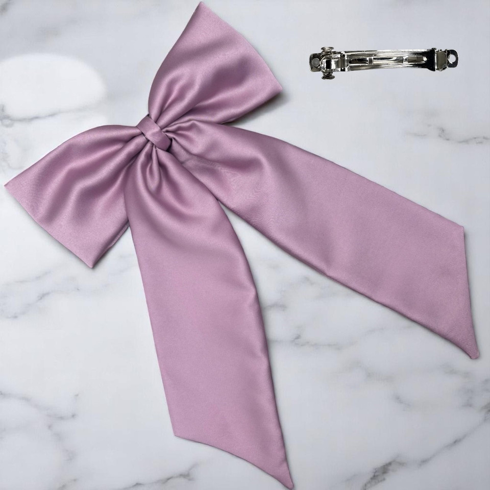 Tuhil Threads Lilac Royal Micro Satin Statement Long Tail Bow. Luxurious satin hair bow for an elegant, stylish accent. Shop Tuhil Threads hair accessories.